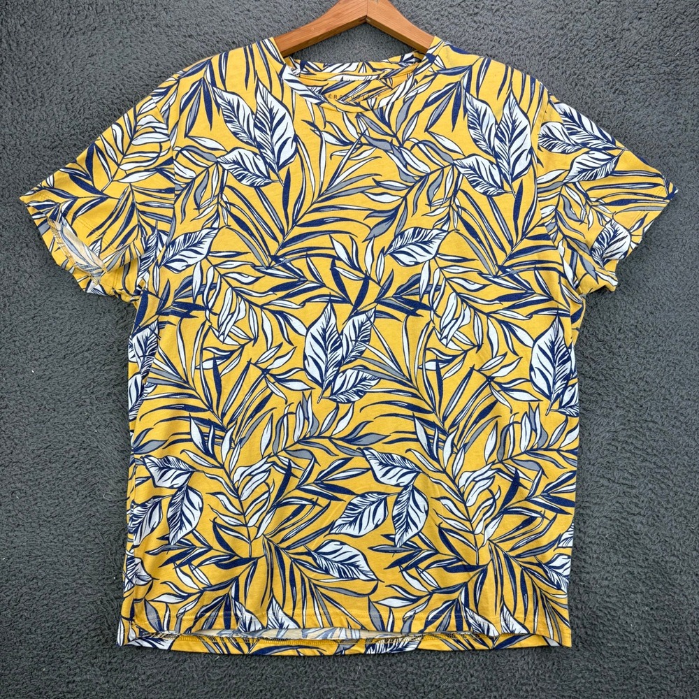 Aeropostale Mens XL T-Shirt Yellow Blue White Tropical Leaf Print Short Sleeve